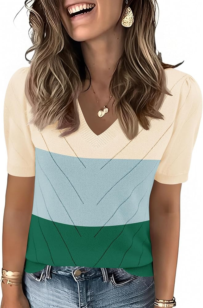 LOMON Womens Sweaters Puff Short Sleeve Lightweight Knit Summer Fall Tops Dressy V-Neck Work Blou... | Amazon (US)