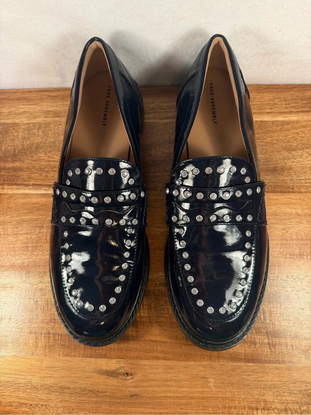 Free Assembly Dark Navy Faux-Leather Studded Penny Loafers Size 9.5 | Poshmark