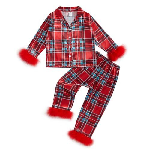 Twopumpkin Toddler Girl Christmas Satin Silk Pajamas Button Down 2 Piece Pajama Set Little Kids Girls Pjs Nightgown Outfit (Christmas Feather Trim Plaid Red Green, 8-9 Years) | Amazon (US)