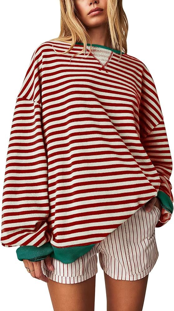 FACDIBY Women's Oversized Sweatshirt Striped Sweatshirts Color Block Pullover Relaxed Fit Crew Ne... | Amazon (US)