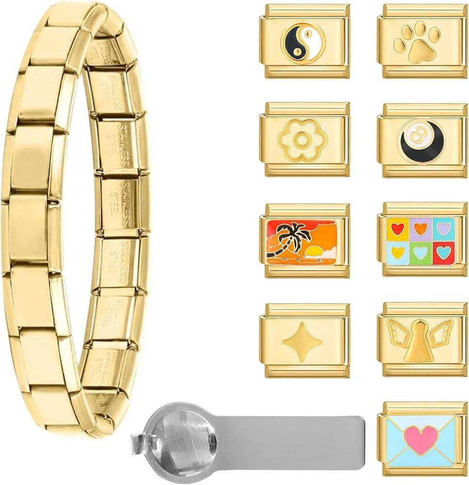 Italian Charm Bracelet Gold Silver Set with Starter Brascelet, Assorted Charms and Opening Tools,... | Amazon (US)