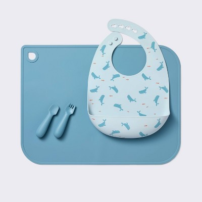 Silicone Bib and Utensil Feeding Set - 4pc - Blue - Cloud Island™ | Target