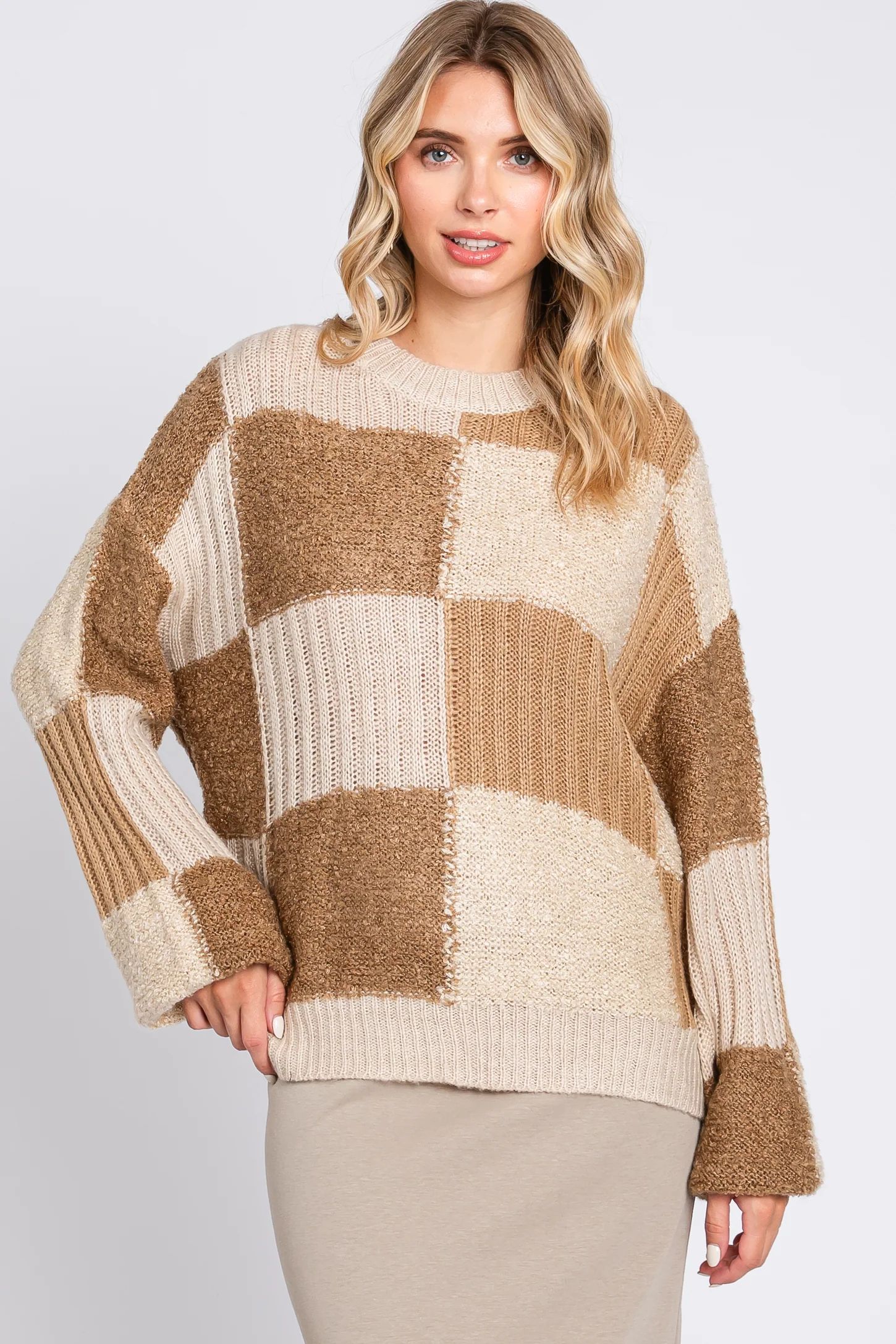 Mocha Multi-Textured Checkered Sweater | PinkBlush Maternity