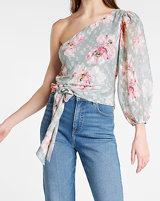 Floral Dot Print One Shoulder Tie Waist Top | Express