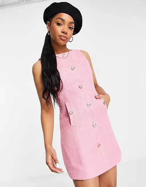 Miss Selfridge military button boucle dress in pink | ASOS (Global)