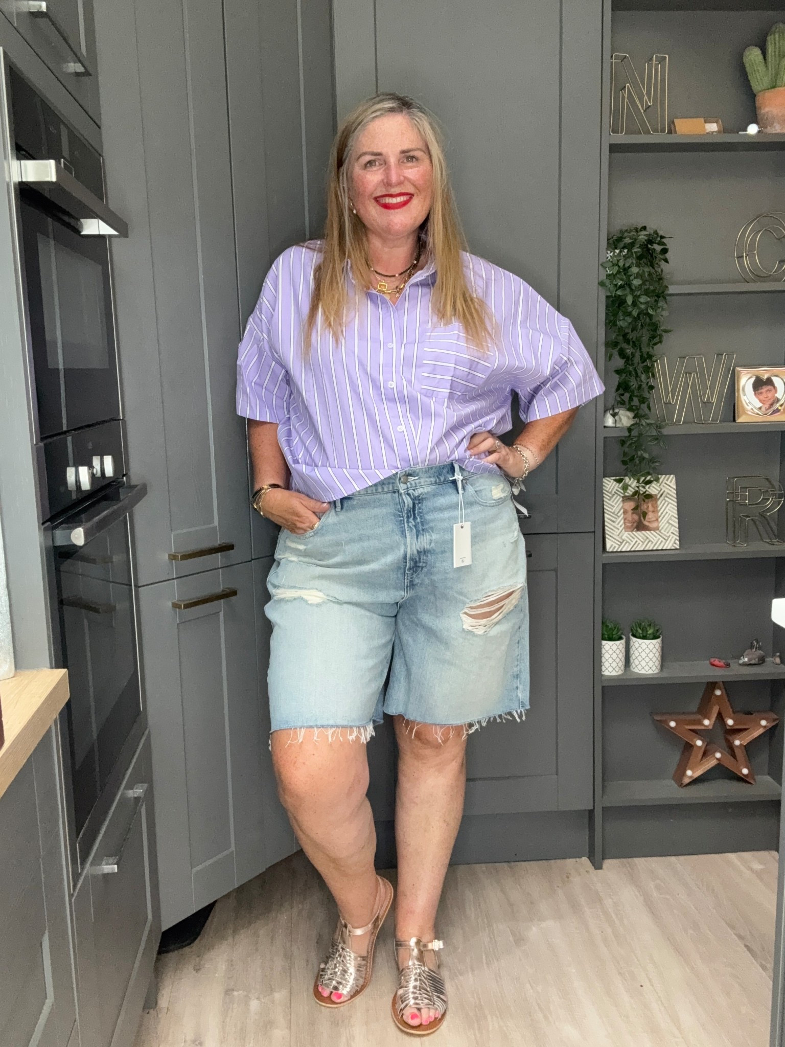 Barrel denim shorts, striped short sleeve shirt, gold sandals

#LTKplussize #LTKcurves #LTKsummer