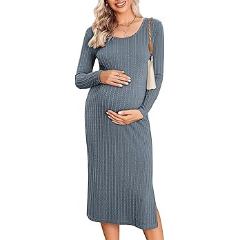 Ekouaer Maternity Dress Rib Knit Long Sleeve Side Slit Bodycon Dresses Pregnancy Baby Shower Clot... | Amazon (US)