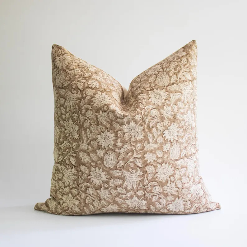 Brown Floral Linen Block Print Pillow Cover, Hand Blocked Farmhouse Throw Pillow | HAZEL | Etsy (Global)