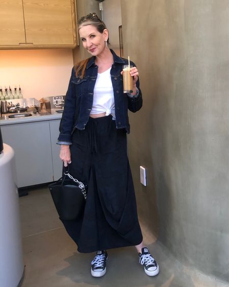 Nothing liked an iced coffee on a warm spring day! #styleover40 #edgy #midiskirt #sustainablestyle #fashionover50 #bluebottle #outfitinspo #fitcheck #stretchdenimjacket #statementearrings

#LTKSeasonal #LTKunder100 #LTKshoecrush
