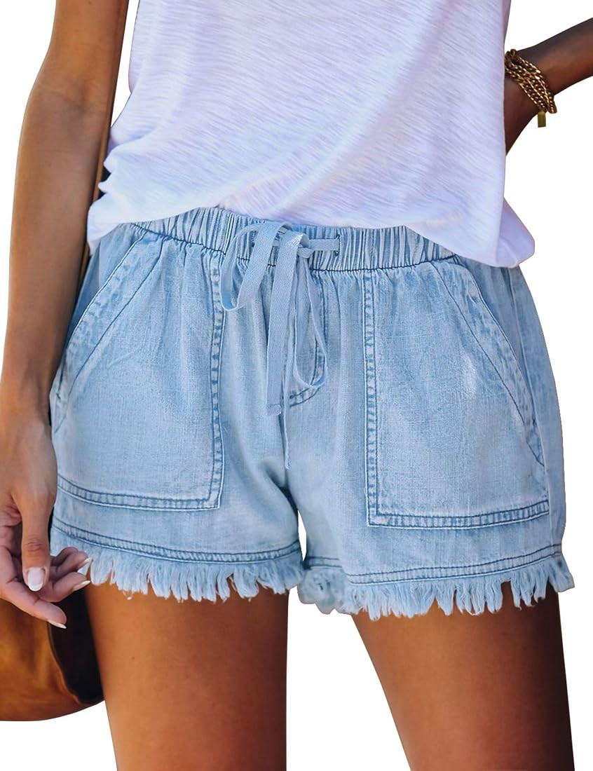 QACOHU Womens Summer Shorts Casual Comfy Drawstring Elastic Waist Shorts with Pockets | Amazon (US)