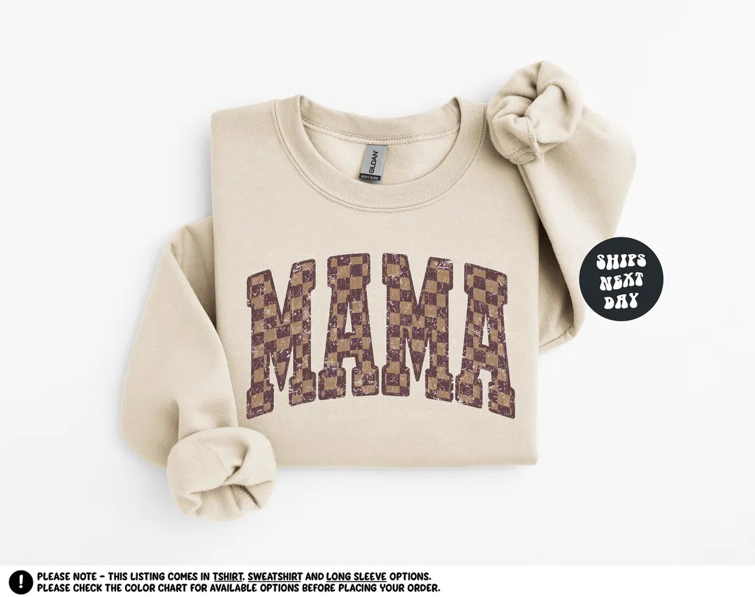 Checkered Retro Mama Sweatshirt Tan Checkered Mama Shirt Mother's Day Gift Mama Sweatshirt Checke... | Etsy (US)