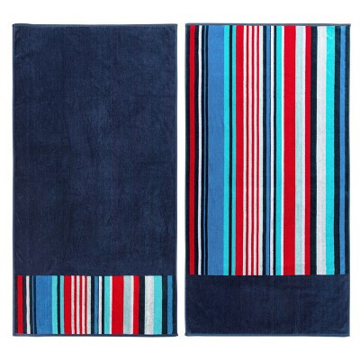 Nautical Stripe Cotton Oversized Reversible Beach Towel Set of 2, Navy Blue-Red - Blue Nile Mills | Target