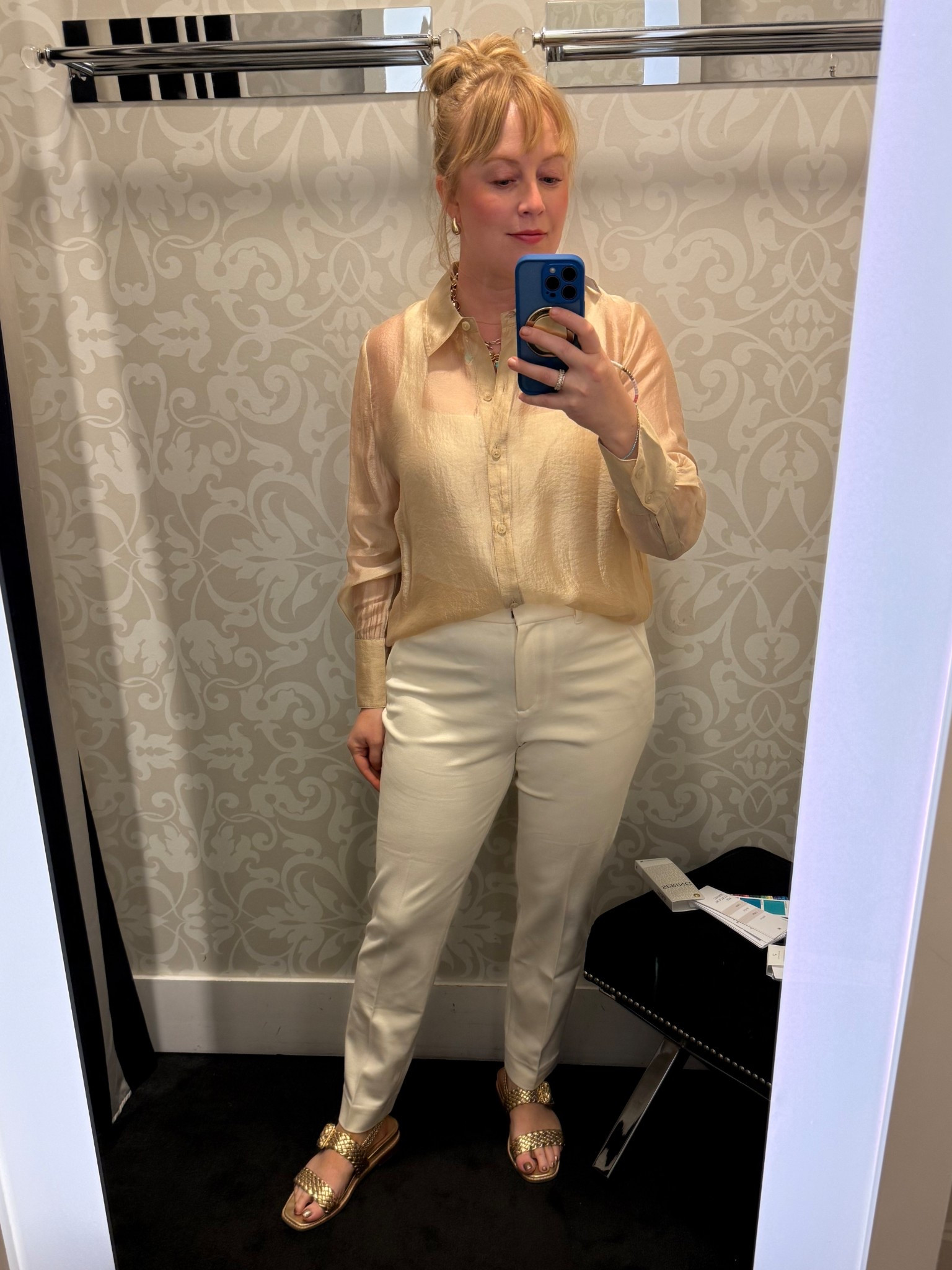 In love with this sheer button-up blouse. Wearing a size small. I linked the pants but would honestly skip the pants. The quality was average. #hocspring #hocautumn 