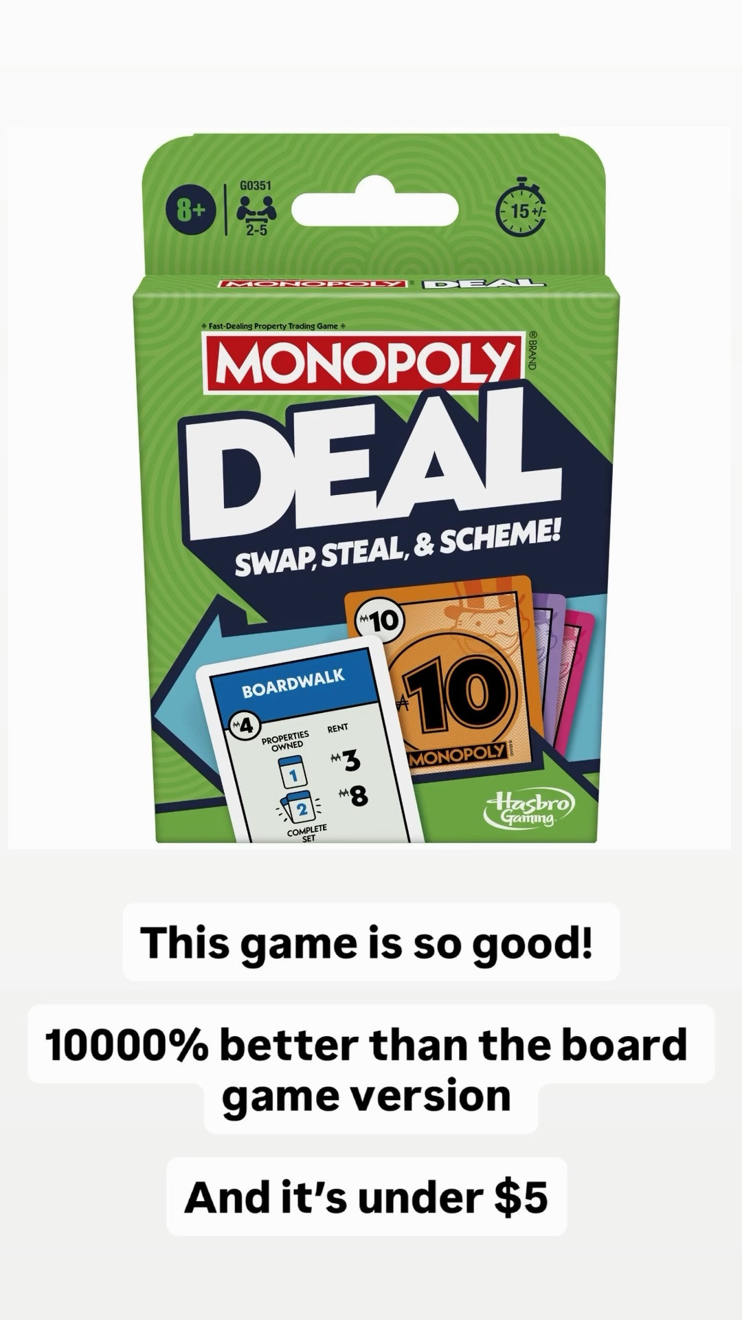 Perfect quick card game (unlike the board version that takes forreeeeever) 

And under $5? Yes please! 

This is a great game to take on the go too!