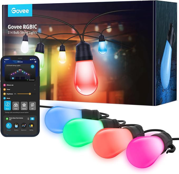 Govee Smart Outdoor String Lights H7016, 96ft RGBIC Outdoor Lights with 30 Dimmable LED Bulbs, IP... | Amazon (US)