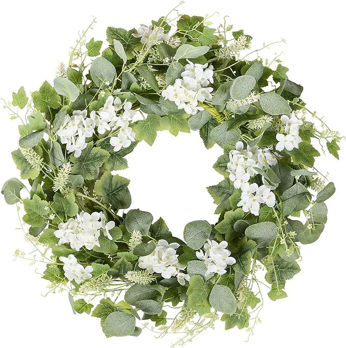 YNYLCHMX 18" Spring Eucalyptus Wreath for Front Door with White Flowers, Grapevines & Green Eucal... | Amazon (US)
