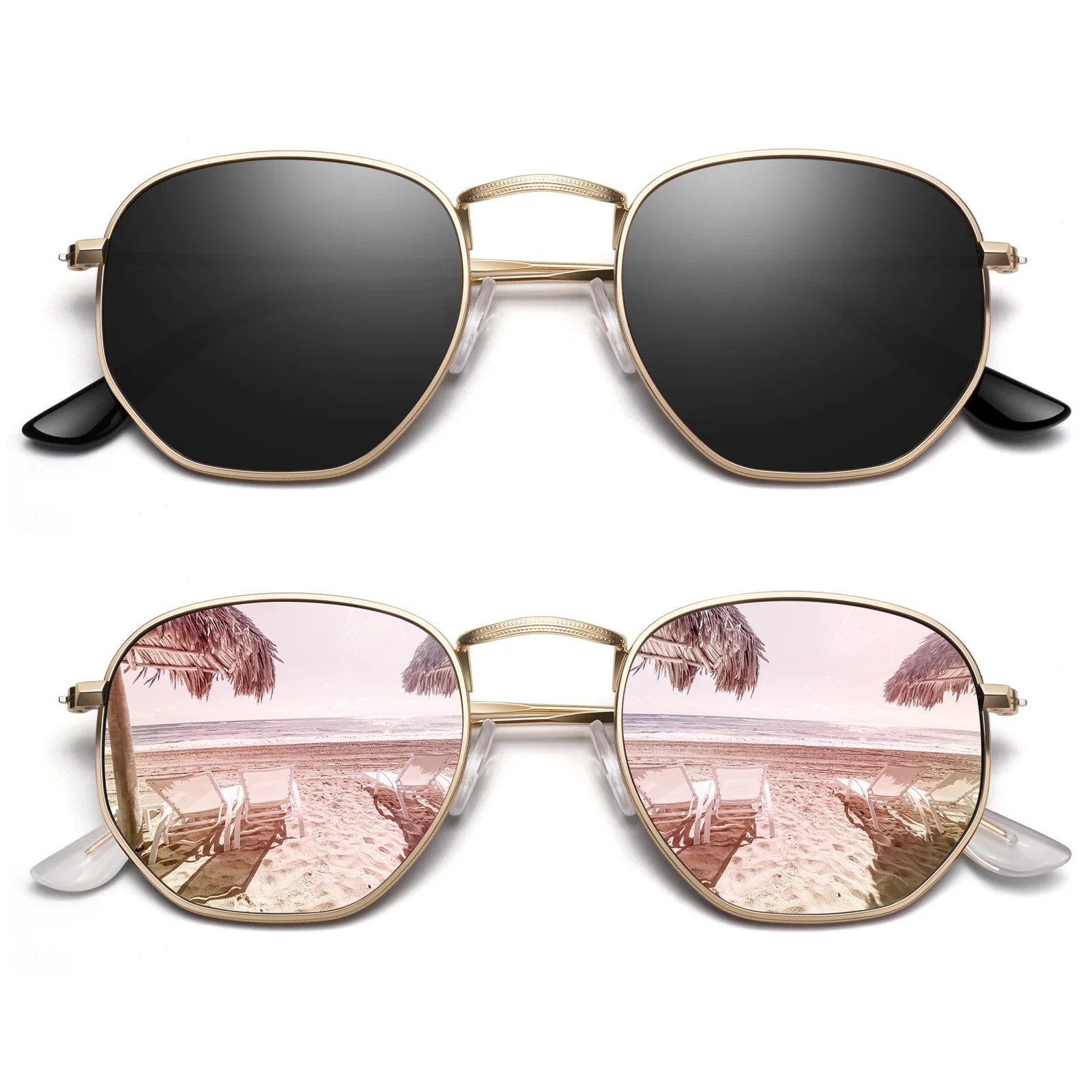 Sunier Hexagon Polarized Fashion Sunglasses Women Ultralight Square Polygon Metal Shades-2 Pairs | Walmart (US)