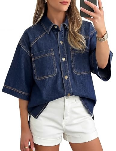 Women's Denim Shirt Button Down Jean Shirts Short Sleeve Blouses Casual Summer Tops Trendy Outfit... | Amazon (US)