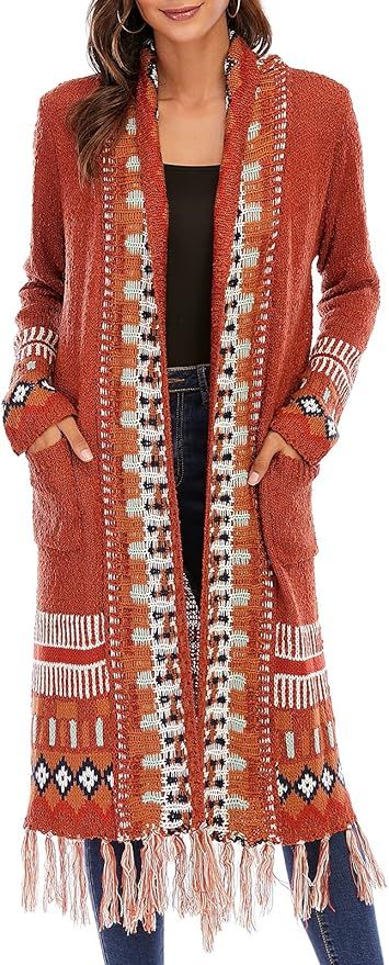 CGYY Women's Retro Style Hippie Pattern Long Tassel Cardigan Southwest US Boho Sweaters Aztec Car... | Amazon (US)