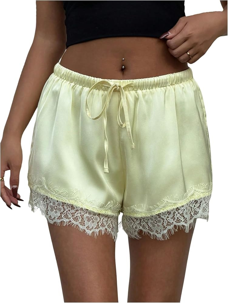 MakeMeChic Women's Satin Lace Boxer Shorts Y2k Elastic Waist Lounge Slip Shorts French Knickers | Amazon (US)