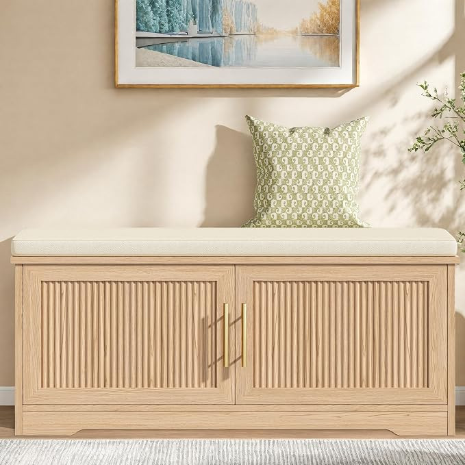 Keehusux 39.4" Fluted Shoe Storage Bench with Seat Cushion, Natural Oak | Amazon (US)