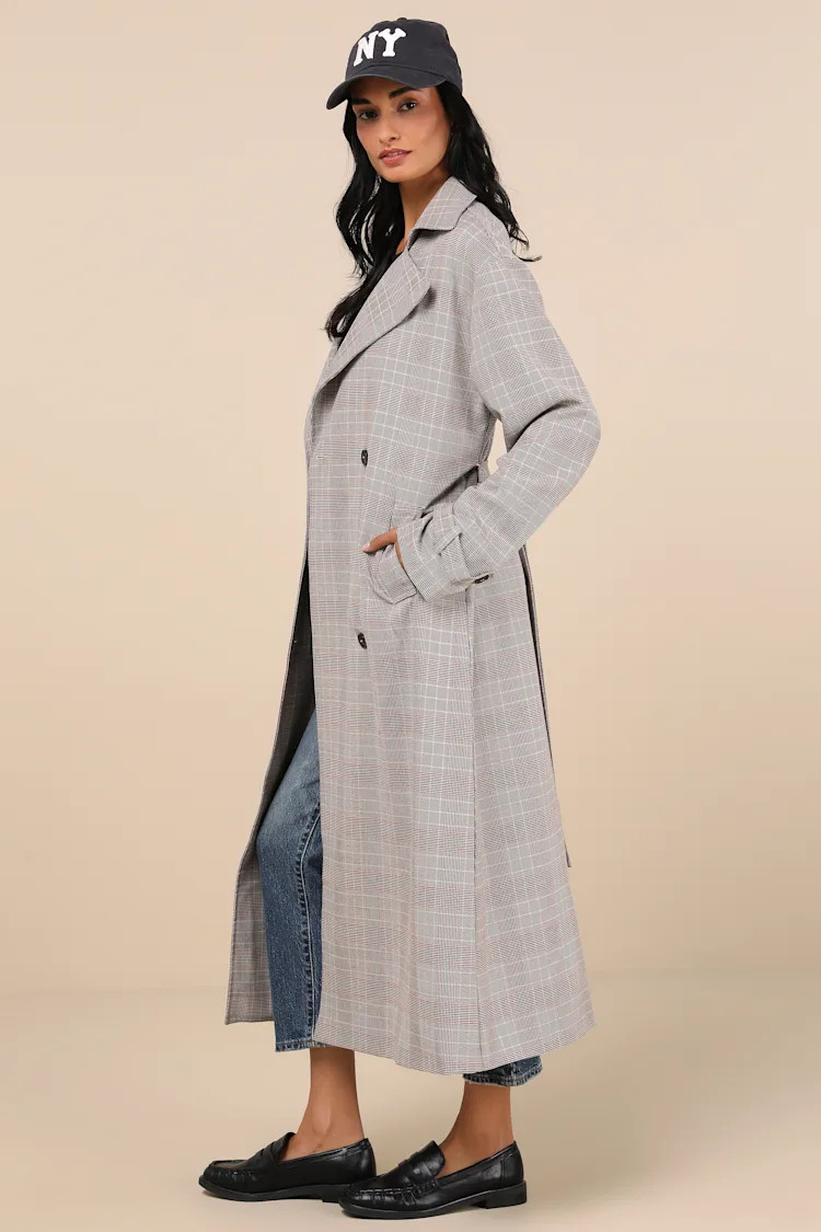 Elevated Weather Grey Plaid Belted Trench Coat | Lulus