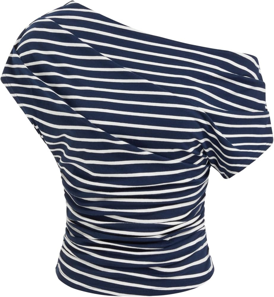 CIDER Striped Ruched Off The Shoulder Going Out Tops Cotton Blend for Womens Asymmetrical Neck Sh... | Amazon (US)