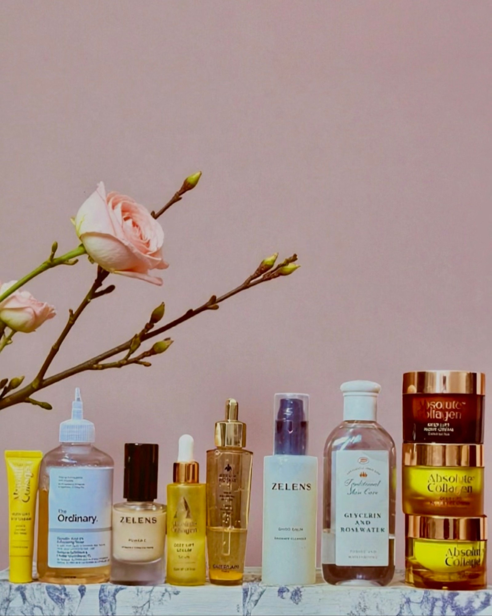 My 40+ Skincare Arsenal: The Routine That Keeps My Skin Glowing 

Zelens | The Ordinary Glycolic Acid | Guerlain Abeille Royale | Traditional Glycerin & Rosewater Toner | Absolute Collagen