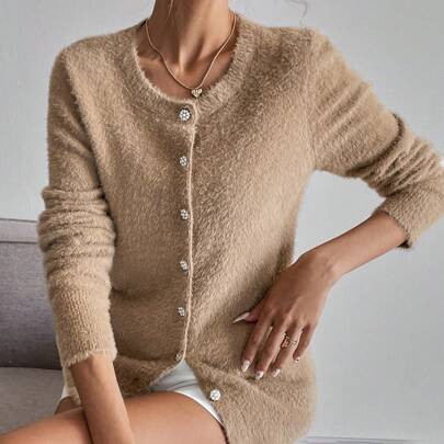 1pc Women's Solid Color Faux Cashmere Knitted Cardigan, Elegant Button Up Sweater | SHEIN