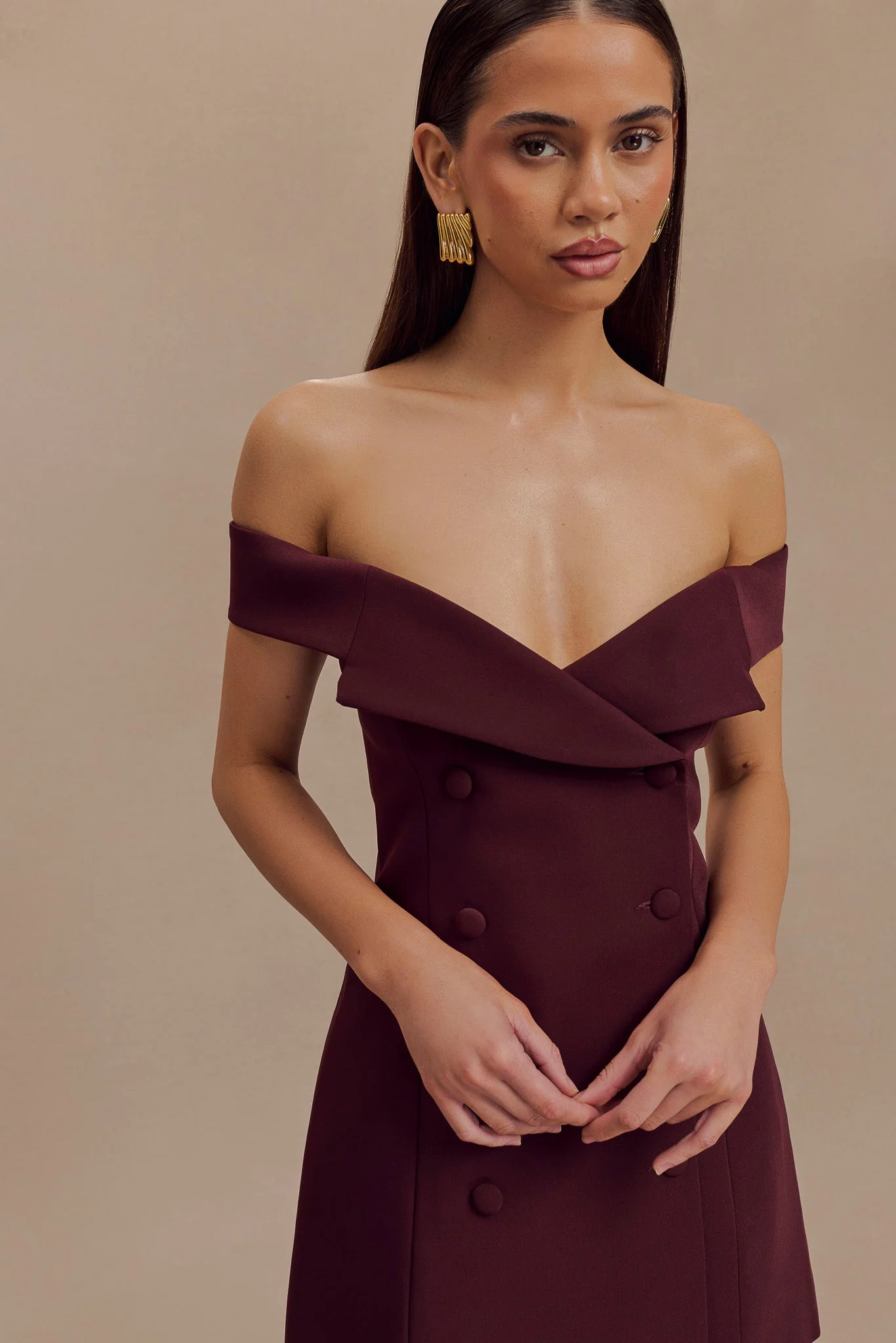 Noelle Off Shoulder Suiting Mini Dress - Mahogany | MESHKI US