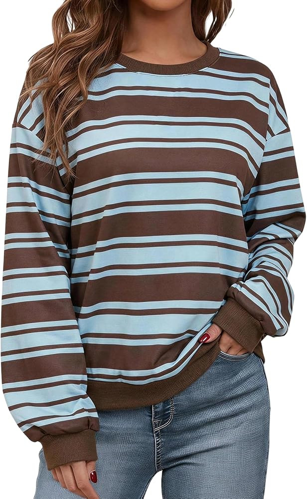 Floerns Women's Y2k Striped Crewneck Sweatshirts Long Sleeve Fall Outfit Preppy Pullover Tops | Amazon (CA)
