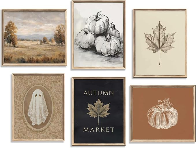 6Pcs Fall foison Pumpkin Wall Art Retro Country Autumn Maple Leaf Poster Prints Halloween Ghost C... | Amazon (US)