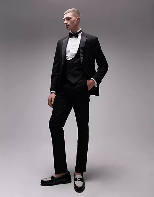 Topman Premium wool mix slim tuxedo pants in black | ASOS (Global)