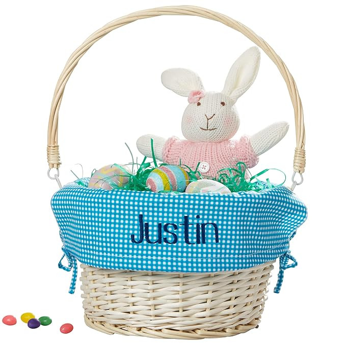 Personalization Universe Personalized Willow Easter Basket with Folding Handle- Teal Check | Amazon (US)