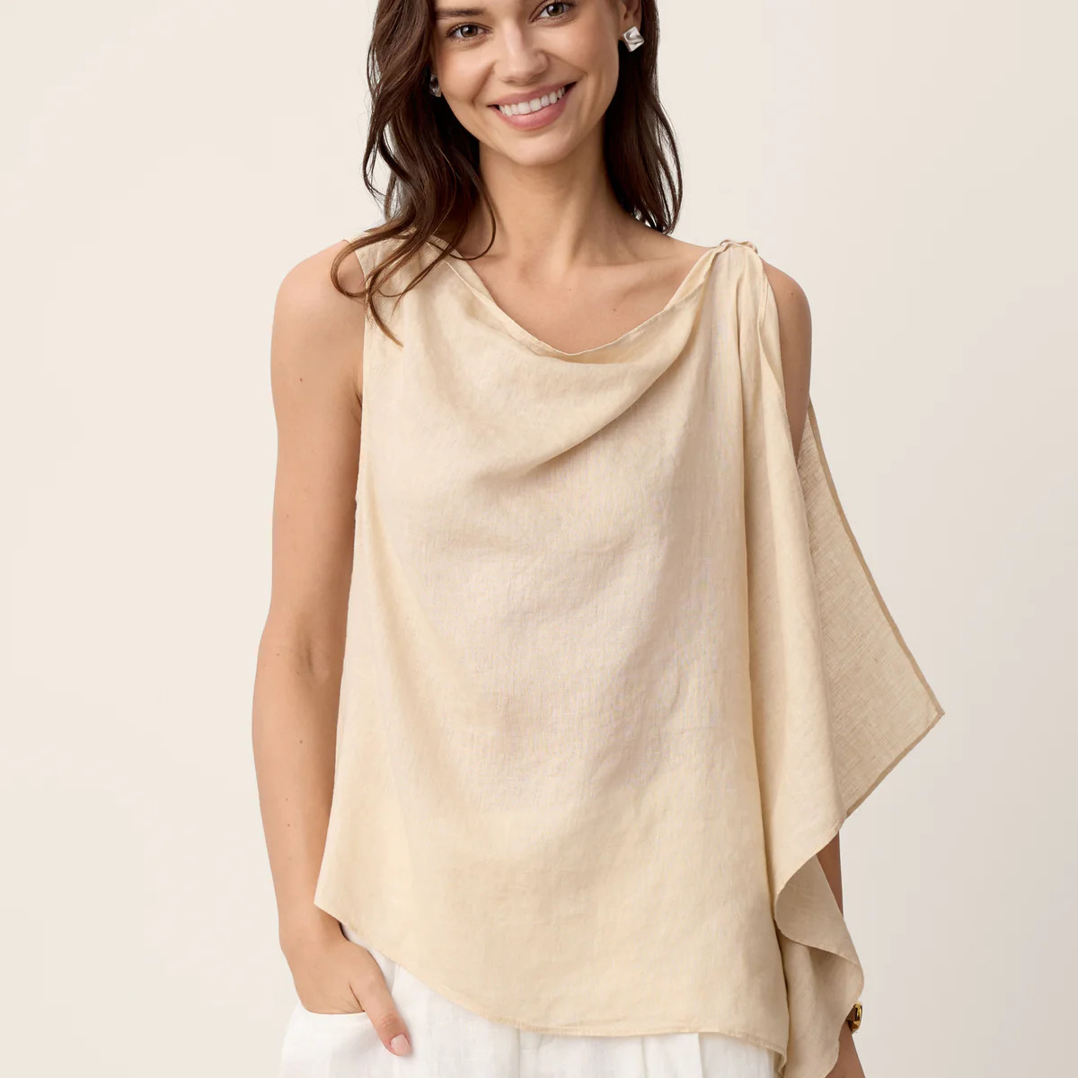100% Linen Cowl-Neck Asymmetric Top LEVINA | LINTICO