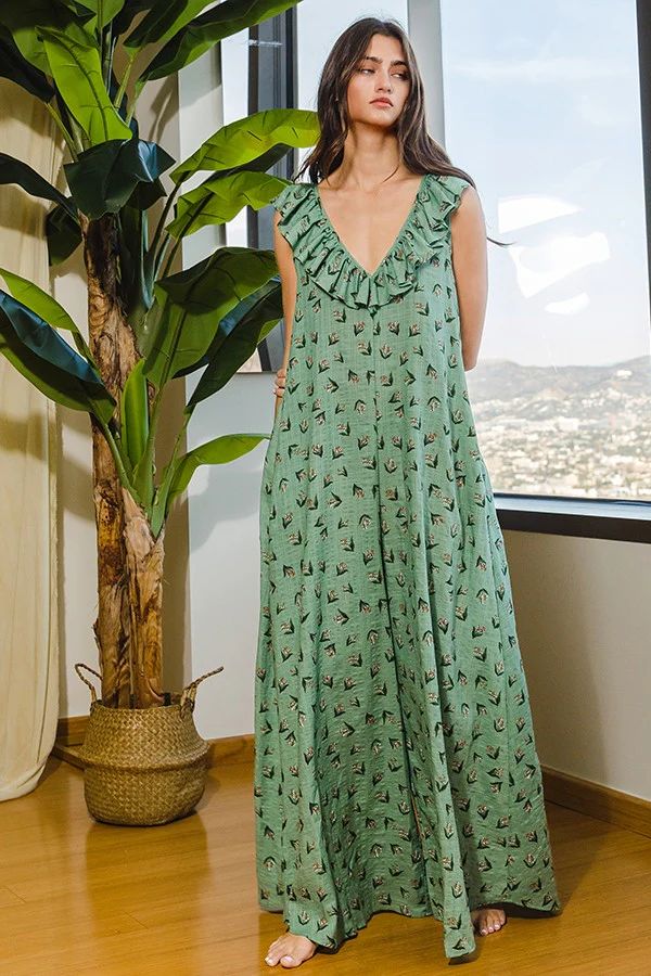 Green Floral Ruffle Accent Wide Leg Jumpsuit | PinkBlush Maternity