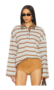 Lovers and Friends Rowan Rugby Top in Blue & Brown Stripe from Revolve.com | Revolve Clothing (Global)
