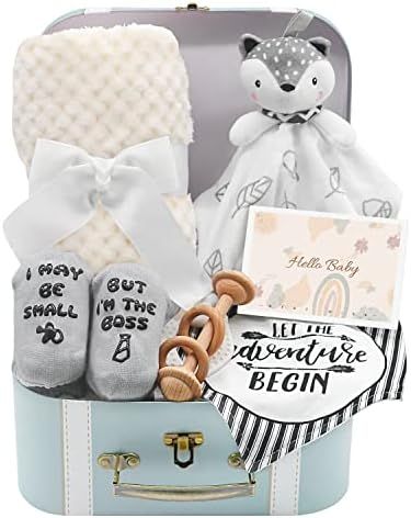 Baby Shower Gifts, Baby Boy Gifts Basket Includes Newborn Blanket Baby Lovey Security Blanket Wooden | Amazon (US)