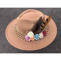 Camel Rhinestone Wide Brim Fedora | Etsy (US)