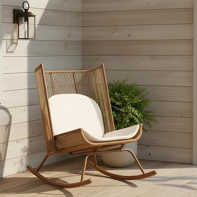 Christopher Knight Home Lumin Outdoor Rocking Chair, High Back PE Rattan Wicker Rocker with Metal... | Amazon (US)