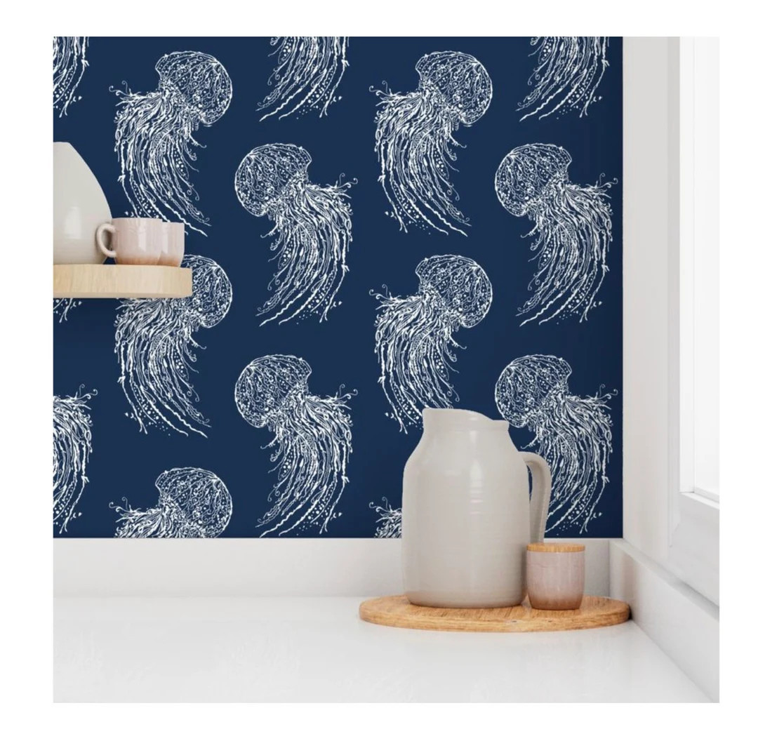 Dancing Jellyfish Wallpaper - Navy Blue and white | Etsy (US)