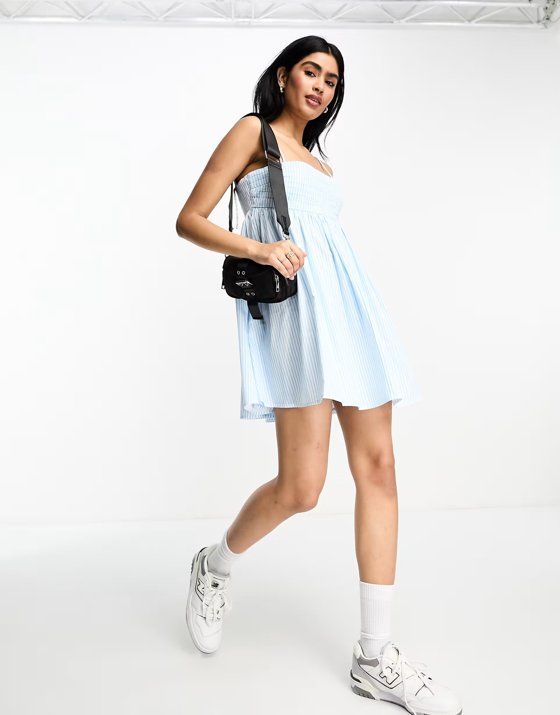ASOS DESIGN cotton pleat bust babydoll mini sundress in blue stripe | ASOS (Global)