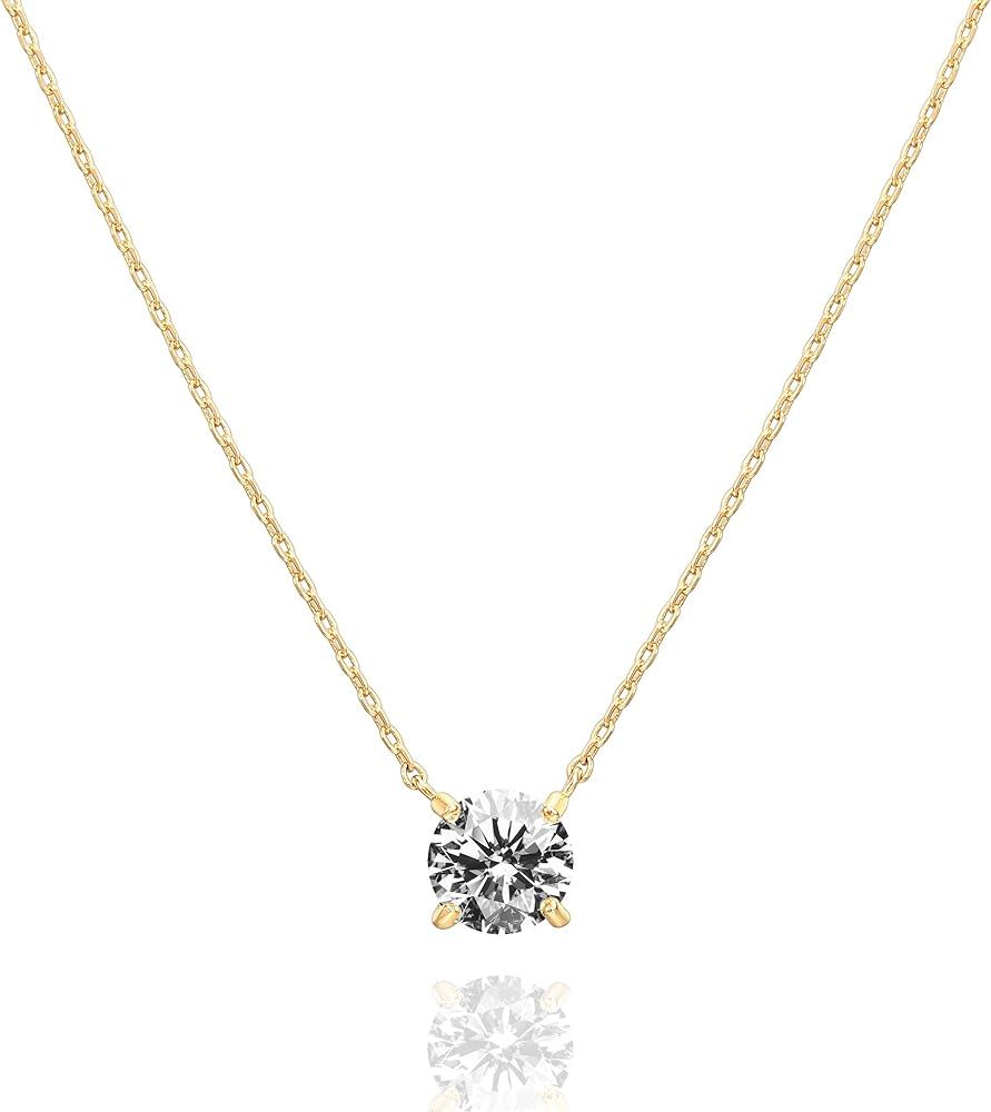 14K Gold Plated Crystal Solitaire 1.5 Carat (7.3mm) CZ Dainty Choker Necklace | Gold Necklaces for W | Amazon (US)