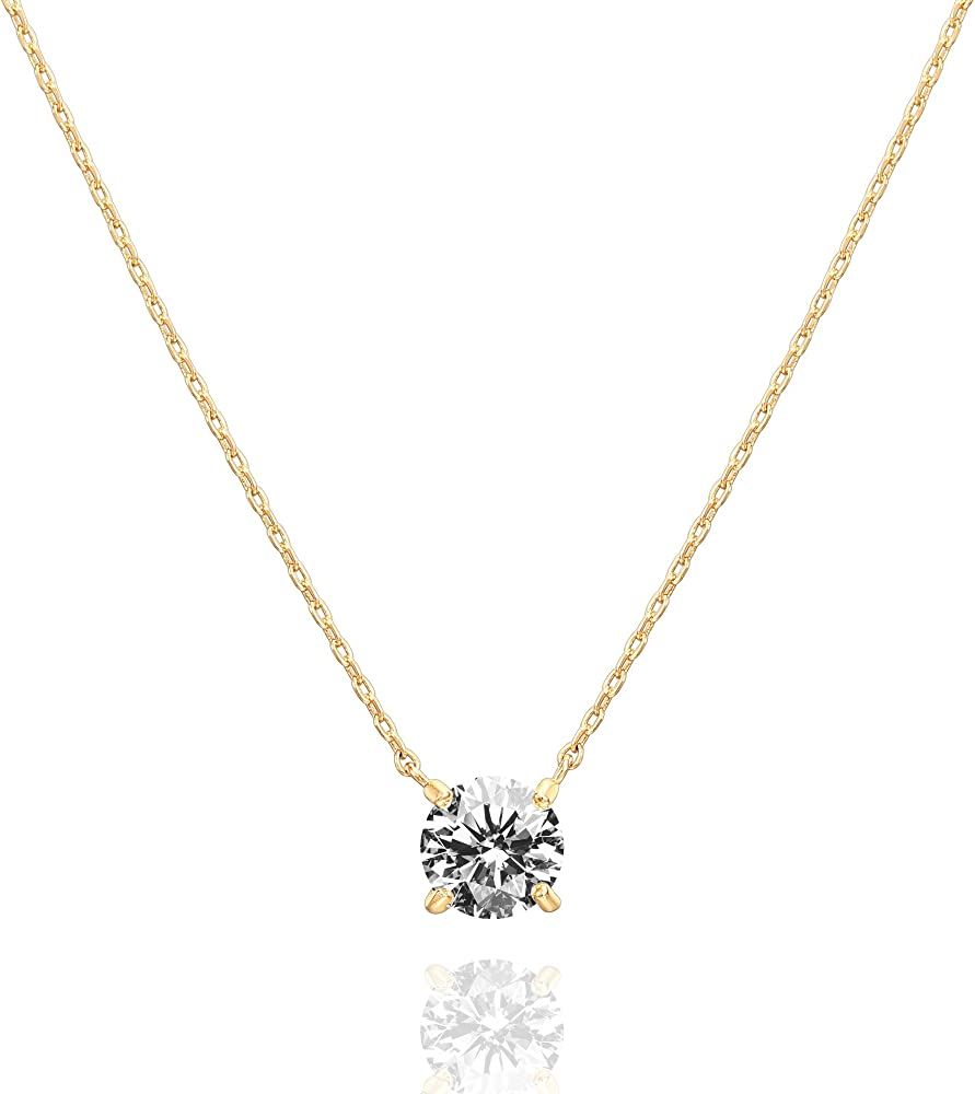 PAVOI 14K Gold Plated Crystal Solitaire 1.5 Carat (7.3mm) CZ Dainty Choker Necklace | Gold Necklaces | Amazon (US)