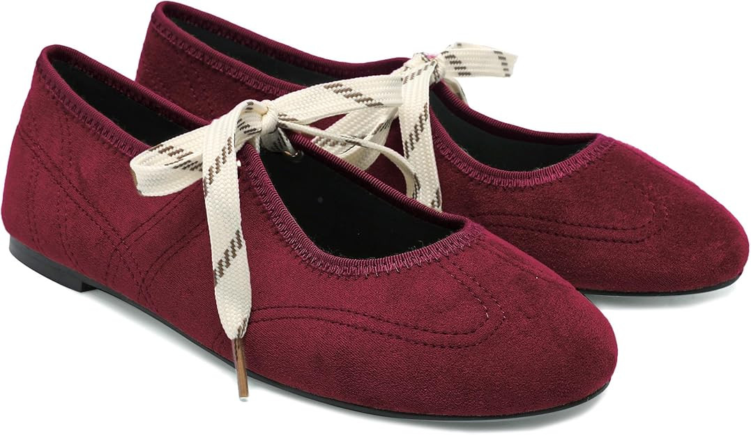 Lace up Round Toe Ballet Flats for Women Cute Slip on Soft Mary Jane Flats Casual Ballerina Shoes | Amazon (US)