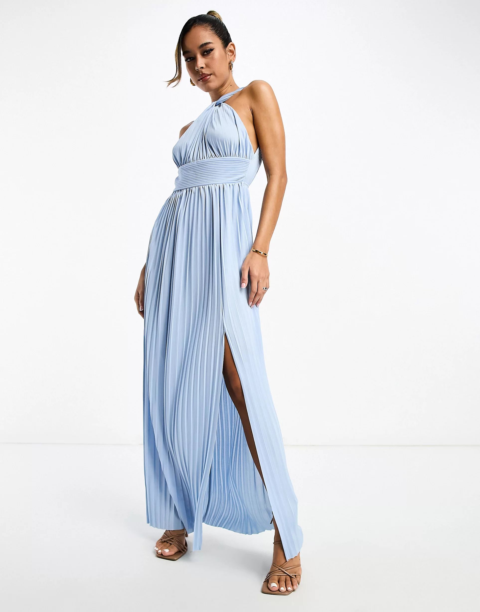ASOS DESIGN halter neck grecian pleated skirt maxi dress in pastel blue | ASOS (Global)