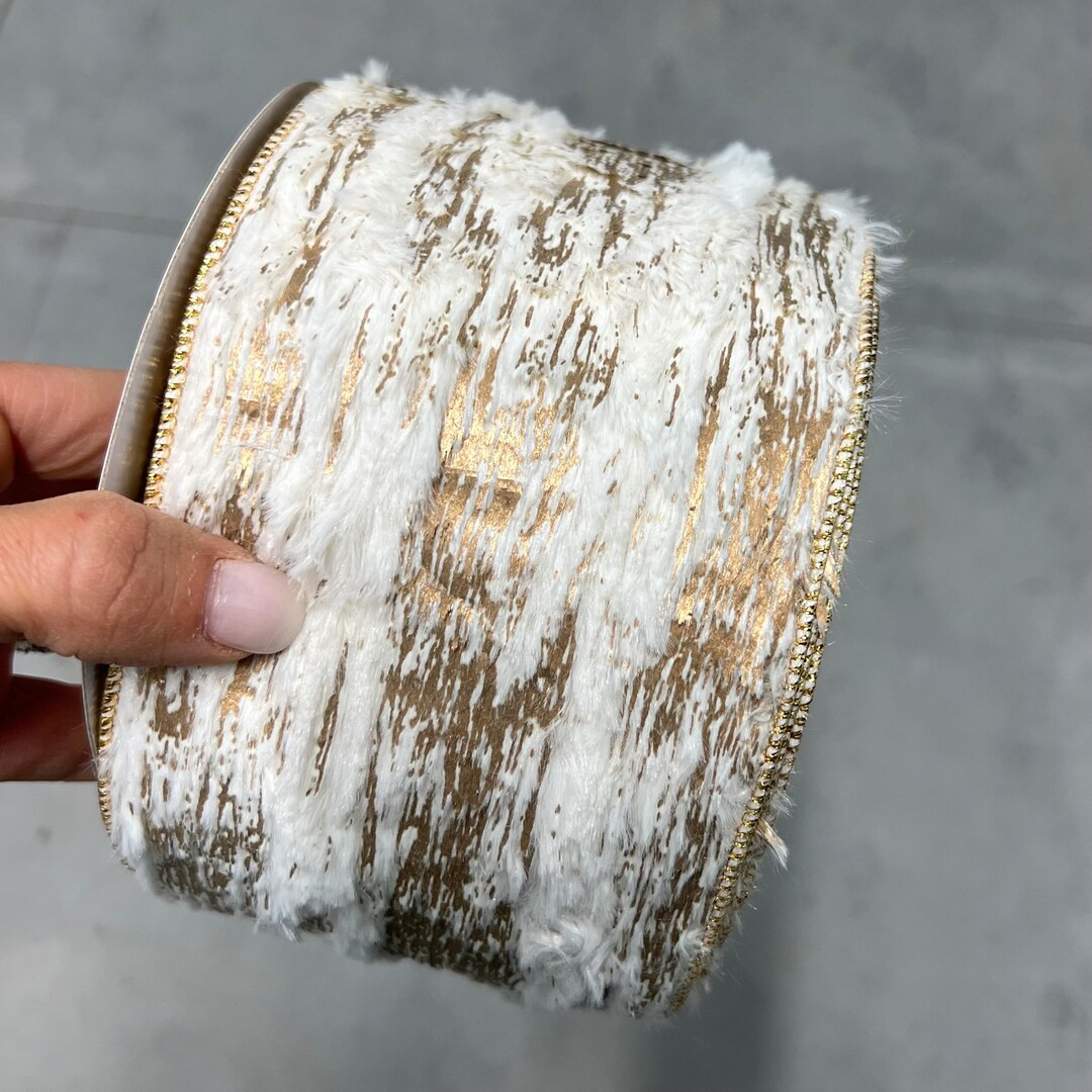 4" Champagne & Fur Ribbon, 4” Designer Wired Ribbon, 10 yard roll, Craft Supplies, Premium Ribb... | Etsy (US)
