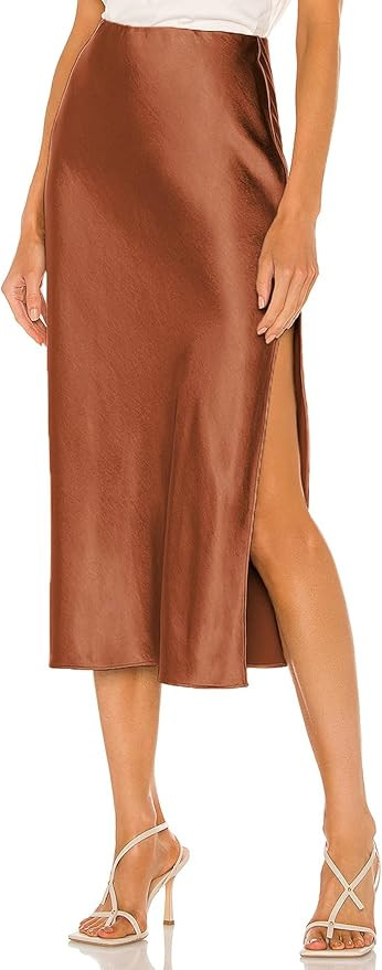 Womens Satin Silk High Waist Slit Midi Skirt Elastic Waistband Midi Skirts for women | Amazon (US)