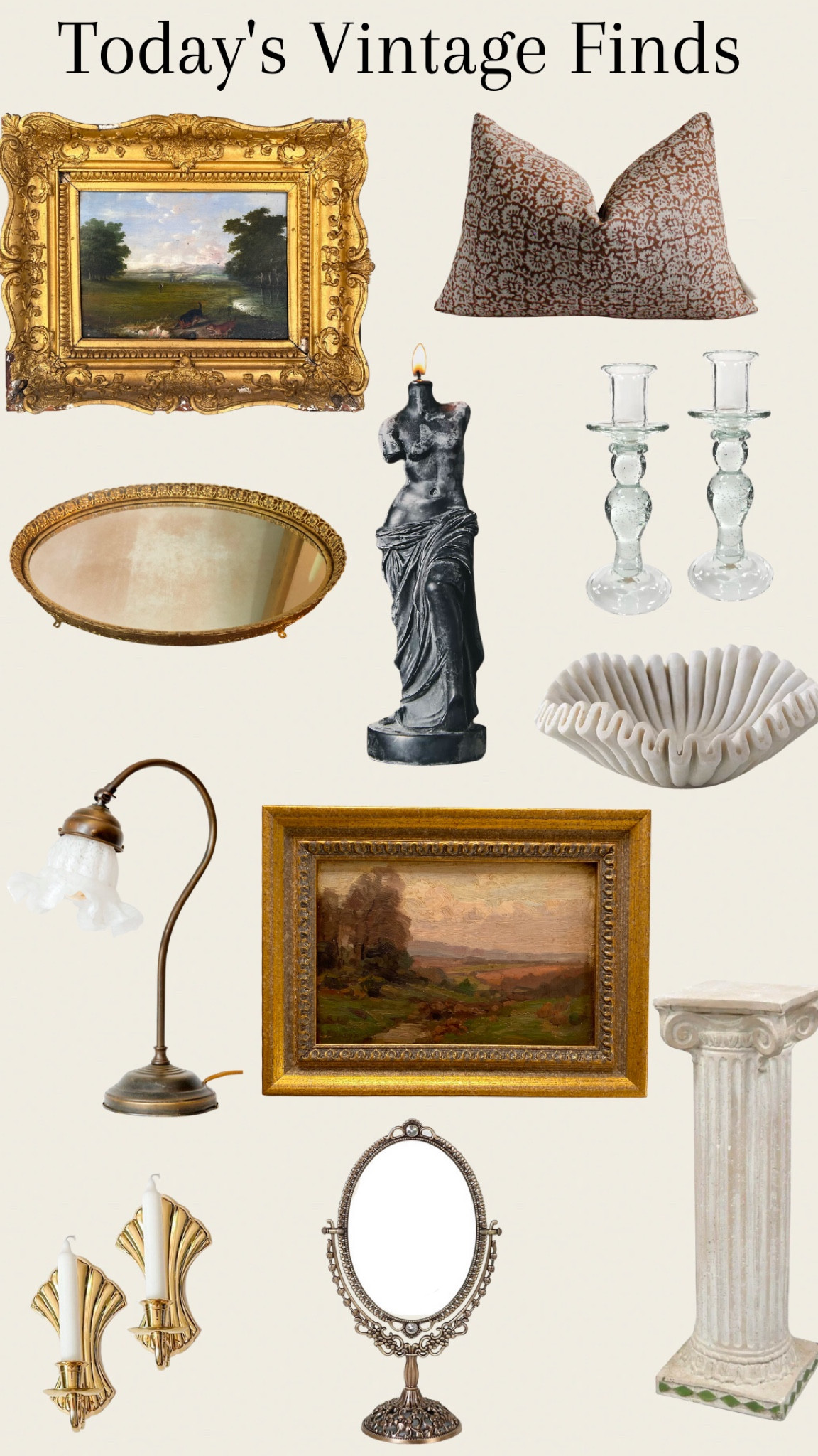 Vintage finds, home decor, living room decor, bedroom decor, vanity mirror, vanity tray, sculptures candle, vintage frame oil painting, glass candlesticks, fluted bowl, vintage desk lamp

#LTKstyletip #LTKbeauty #LTKhome