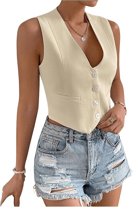 Floerns Women's Solid Sleeveless Button Front V Neck Vest Waistcoat Crop Top | Amazon (US)